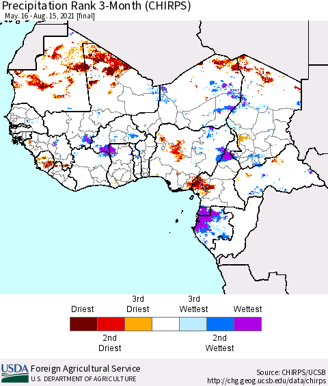 Western Africa Precipitation Rank since 1981, 3-Month (CHIRPS) Thematic Map For 5/16/2021 - 8/15/2021