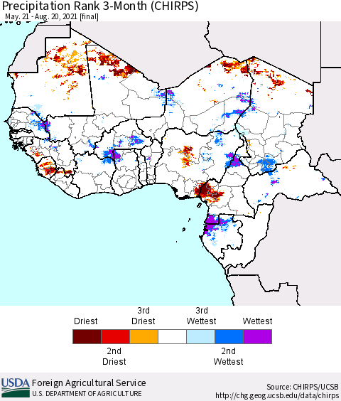 Western Africa Precipitation Rank since 1981, 3-Month (CHIRPS) Thematic Map For 5/21/2021 - 8/20/2021