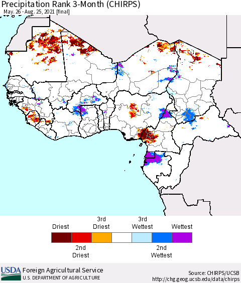 Western Africa Precipitation Rank since 1981, 3-Month (CHIRPS) Thematic Map For 5/26/2021 - 8/25/2021
