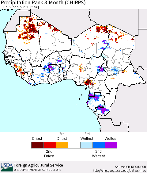 Western Africa Precipitation Rank since 1981, 3-Month (CHIRPS) Thematic Map For 6/6/2021 - 9/5/2021