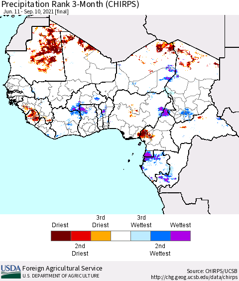 Western Africa Precipitation Rank since 1981, 3-Month (CHIRPS) Thematic Map For 6/11/2021 - 9/10/2021