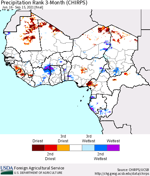 Western Africa Precipitation Rank since 1981, 3-Month (CHIRPS) Thematic Map For 6/16/2021 - 9/15/2021