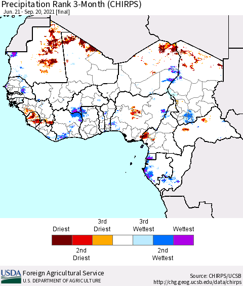 Western Africa Precipitation Rank since 1981, 3-Month (CHIRPS) Thematic Map For 6/21/2021 - 9/20/2021