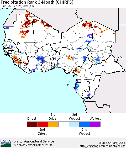 Western Africa Precipitation Rank since 1981, 3-Month (CHIRPS) Thematic Map For 6/26/2021 - 9/25/2021