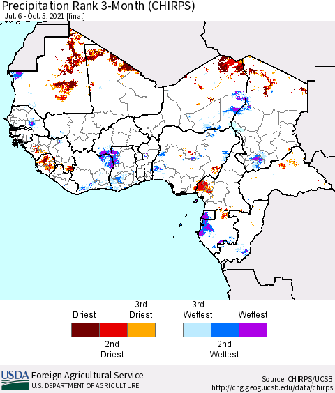 Western Africa Precipitation Rank since 1981, 3-Month (CHIRPS) Thematic Map For 7/6/2021 - 10/5/2021
