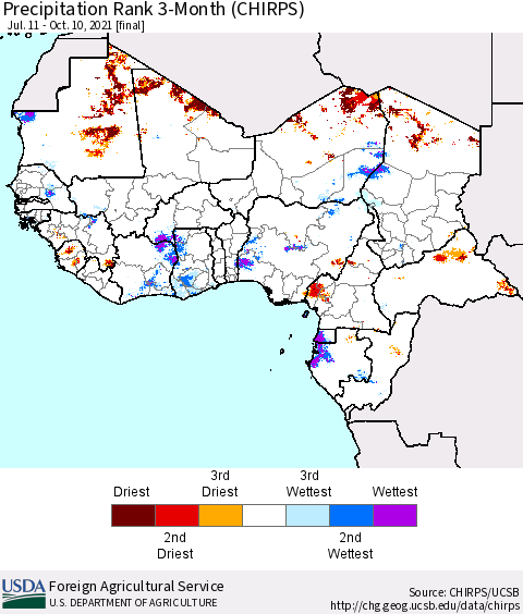 Western Africa Precipitation Rank since 1981, 3-Month (CHIRPS) Thematic Map For 7/11/2021 - 10/10/2021