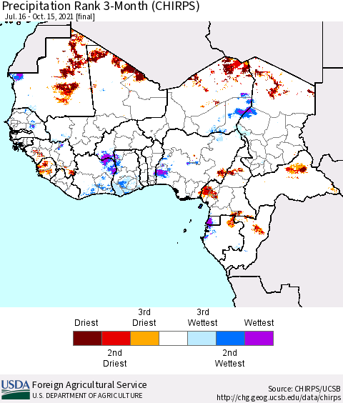 Western Africa Precipitation Rank since 1981, 3-Month (CHIRPS) Thematic Map For 7/16/2021 - 10/15/2021