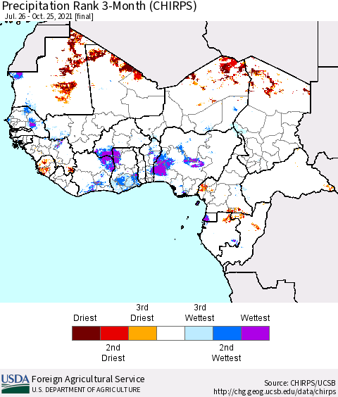 Western Africa Precipitation Rank since 1981, 3-Month (CHIRPS) Thematic Map For 7/26/2021 - 10/25/2021