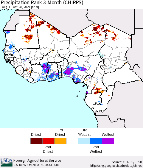 Western Africa Precipitation Rank since 1981, 3-Month (CHIRPS) Thematic Map For 8/1/2021 - 10/31/2021
