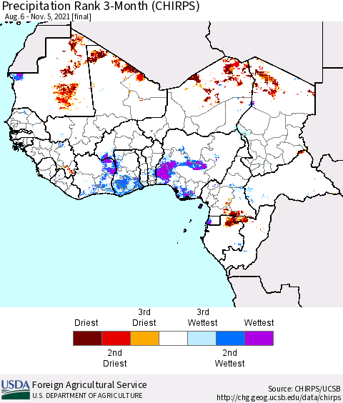 Western Africa Precipitation Rank since 1981, 3-Month (CHIRPS) Thematic Map For 8/6/2021 - 11/5/2021