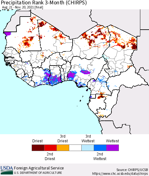 Western Africa Precipitation Rank since 1981, 3-Month (CHIRPS) Thematic Map For 8/21/2021 - 11/20/2021