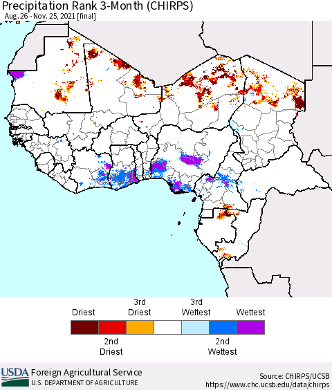 Western Africa Precipitation Rank since 1981, 3-Month (CHIRPS) Thematic Map For 8/26/2021 - 11/25/2021