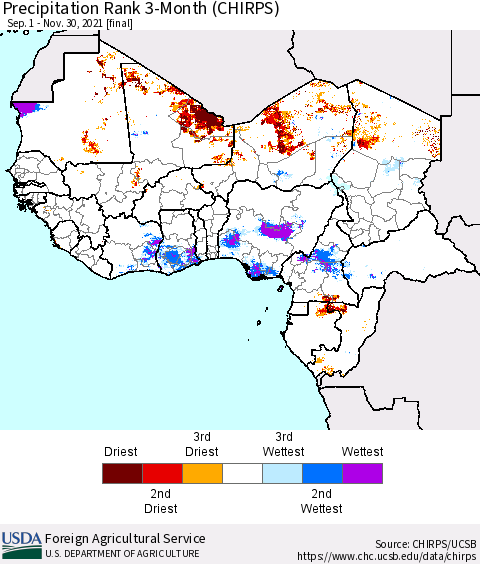 Western Africa Precipitation Rank since 1981, 3-Month (CHIRPS) Thematic Map For 9/1/2021 - 11/30/2021