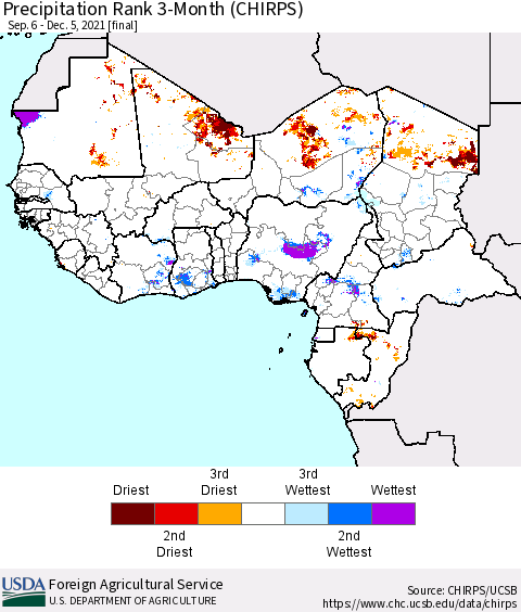 Western Africa Precipitation Rank since 1981, 3-Month (CHIRPS) Thematic Map For 9/6/2021 - 12/5/2021
