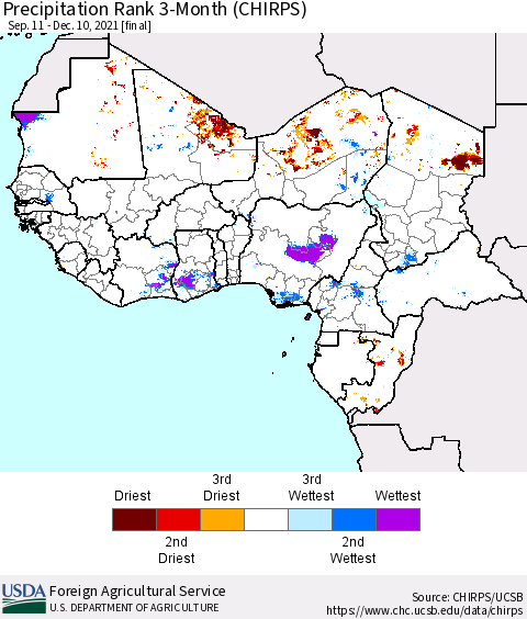 Western Africa Precipitation Rank since 1981, 3-Month (CHIRPS) Thematic Map For 9/11/2021 - 12/10/2021
