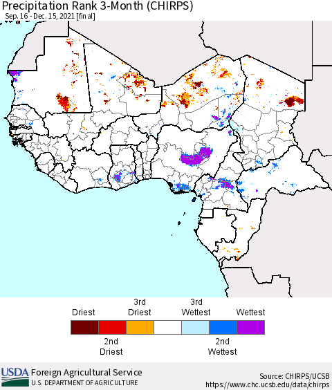 Western Africa Precipitation Rank since 1981, 3-Month (CHIRPS) Thematic Map For 9/16/2021 - 12/15/2021
