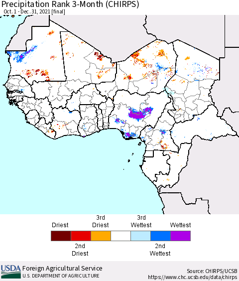 Western Africa Precipitation Rank since 1981, 3-Month (CHIRPS) Thematic Map For 10/1/2021 - 12/31/2021