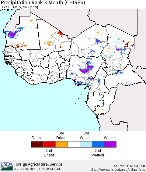 Western Africa Precipitation Rank since 1981, 3-Month (CHIRPS) Thematic Map For 10/6/2021 - 1/5/2022