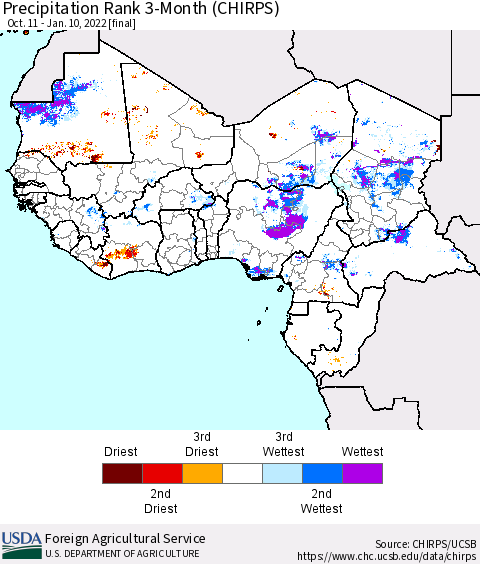 Western Africa Precipitation Rank since 1981, 3-Month (CHIRPS) Thematic Map For 10/11/2021 - 1/10/2022