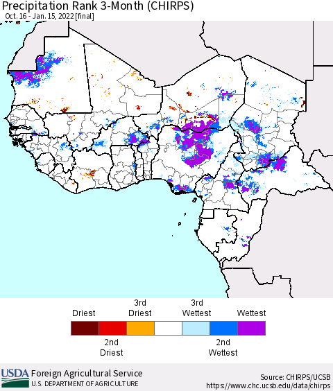 Western Africa Precipitation Rank since 1981, 3-Month (CHIRPS) Thematic Map For 10/16/2021 - 1/15/2022