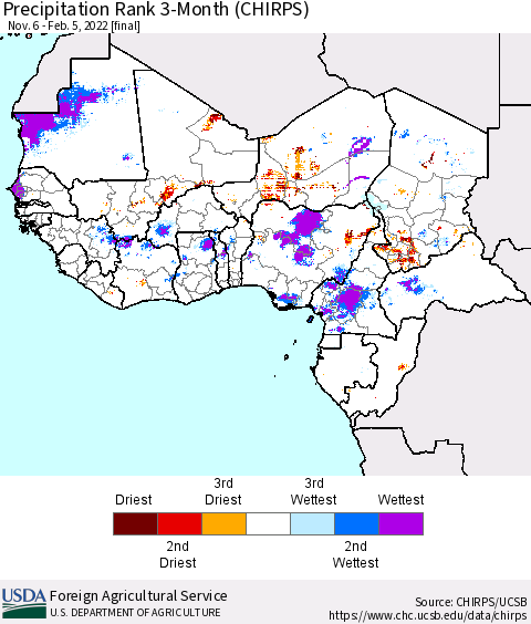 Western Africa Precipitation Rank since 1981, 3-Month (CHIRPS) Thematic Map For 11/6/2021 - 2/5/2022