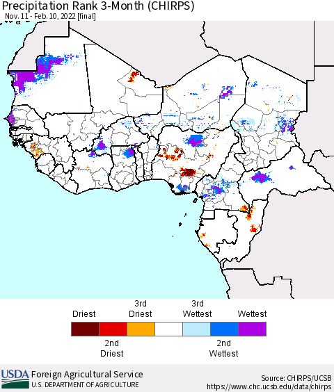 Western Africa Precipitation Rank since 1981, 3-Month (CHIRPS) Thematic Map For 11/11/2021 - 2/10/2022