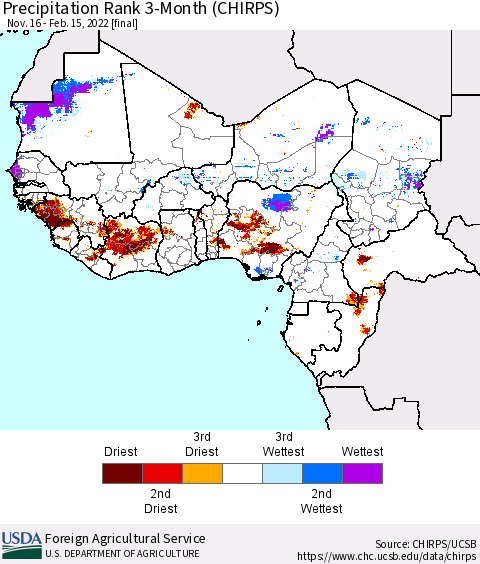 Western Africa Precipitation Rank since 1981, 3-Month (CHIRPS) Thematic Map For 11/16/2021 - 2/15/2022