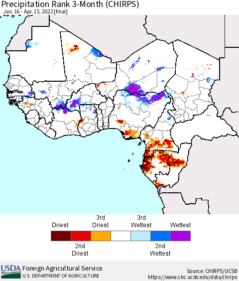 Western Africa Precipitation Rank since 1981, 3-Month (CHIRPS) Thematic Map For 1/16/2022 - 4/15/2022