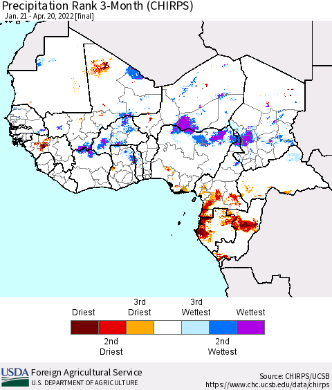 Western Africa Precipitation Rank since 1981, 3-Month (CHIRPS) Thematic Map For 1/21/2022 - 4/20/2022
