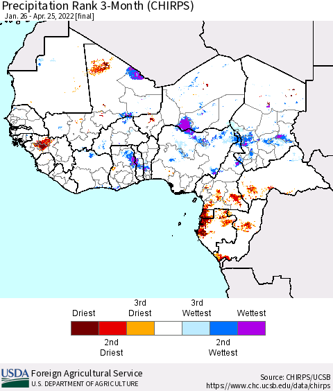 Western Africa Precipitation Rank since 1981, 3-Month (CHIRPS) Thematic Map For 1/26/2022 - 4/25/2022