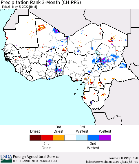 Western Africa Precipitation Rank since 1981, 3-Month (CHIRPS) Thematic Map For 2/6/2022 - 5/5/2022