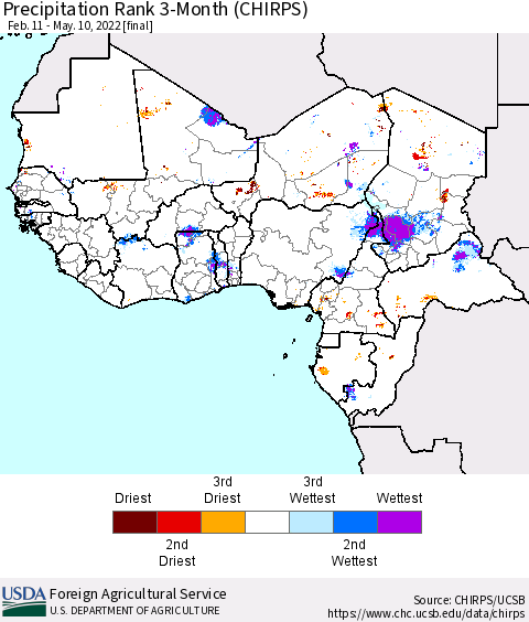 Western Africa Precipitation Rank since 1981, 3-Month (CHIRPS) Thematic Map For 2/11/2022 - 5/10/2022