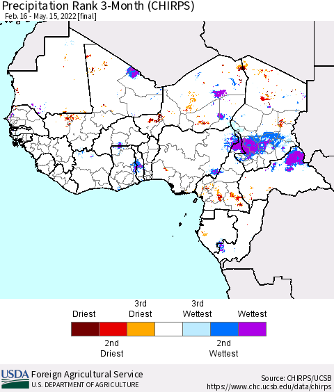 Western Africa Precipitation Rank since 1981, 3-Month (CHIRPS) Thematic Map For 2/16/2022 - 5/15/2022