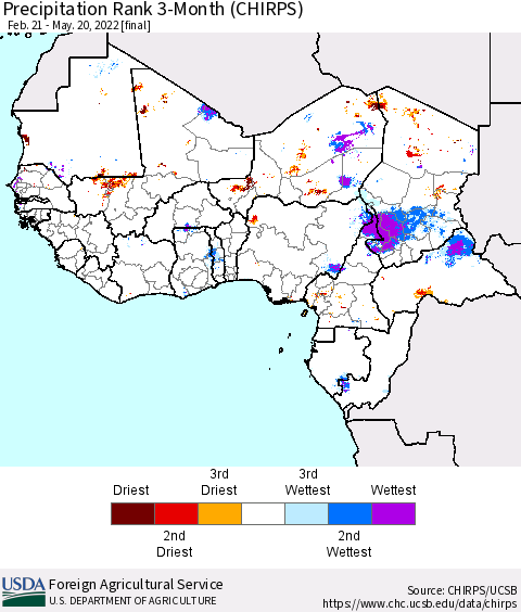 Western Africa Precipitation Rank since 1981, 3-Month (CHIRPS) Thematic Map For 2/21/2022 - 5/20/2022