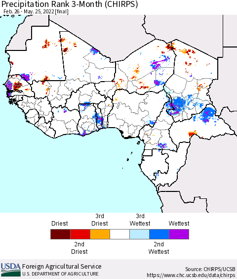 Western Africa Precipitation Rank since 1981, 3-Month (CHIRPS) Thematic Map For 2/26/2022 - 5/25/2022