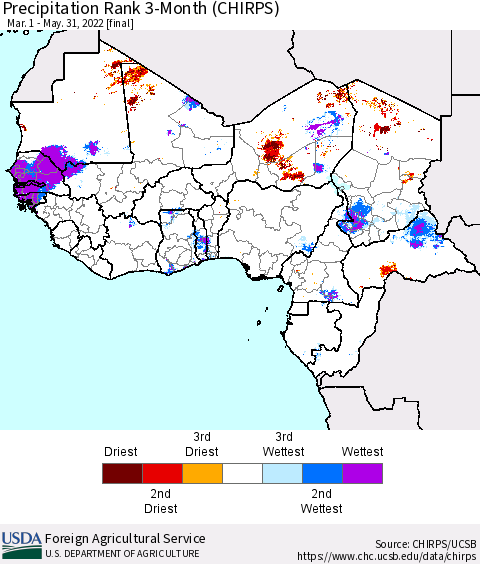 Western Africa Precipitation Rank since 1981, 3-Month (CHIRPS) Thematic Map For 3/1/2022 - 5/31/2022