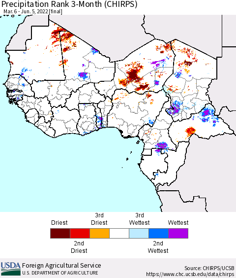 Western Africa Precipitation Rank since 1981, 3-Month (CHIRPS) Thematic Map For 3/6/2022 - 6/5/2022