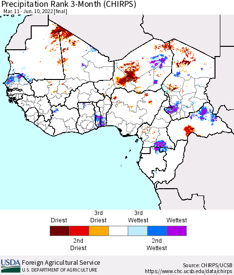Western Africa Precipitation Rank since 1981, 3-Month (CHIRPS) Thematic Map For 3/11/2022 - 6/10/2022