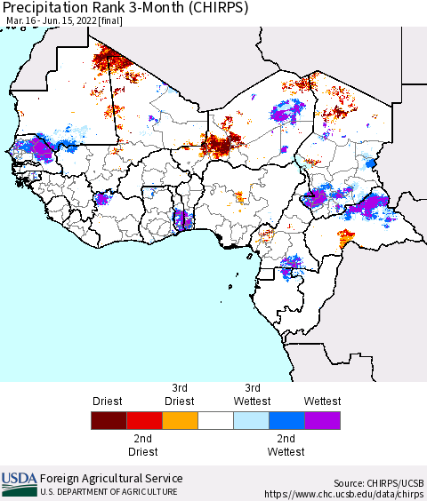 Western Africa Precipitation Rank since 1981, 3-Month (CHIRPS) Thematic Map For 3/16/2022 - 6/15/2022