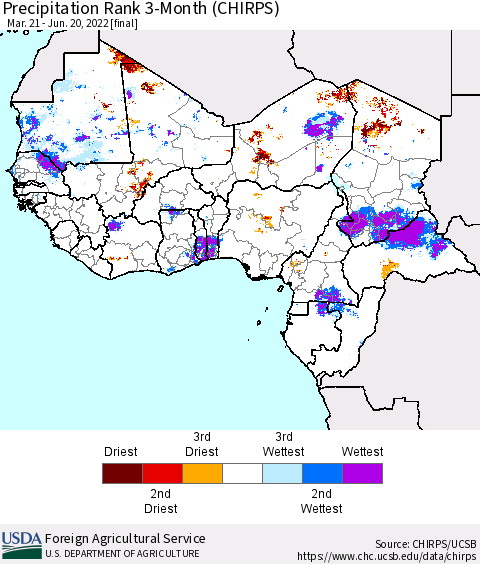 Western Africa Precipitation Rank since 1981, 3-Month (CHIRPS) Thematic Map For 3/21/2022 - 6/20/2022