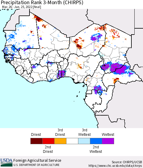 Western Africa Precipitation Rank since 1981, 3-Month (CHIRPS) Thematic Map For 3/26/2022 - 6/25/2022