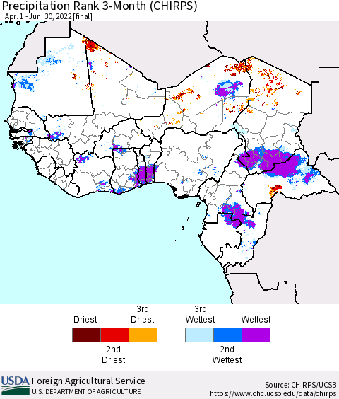 Western Africa Precipitation Rank since 1981, 3-Month (CHIRPS) Thematic Map For 4/1/2022 - 6/30/2022