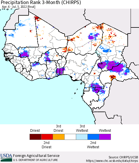 Western Africa Precipitation Rank since 1981, 3-Month (CHIRPS) Thematic Map For 4/6/2022 - 7/5/2022