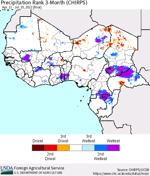 Western Africa Precipitation Rank since 1981, 3-Month (CHIRPS) Thematic Map For 4/11/2022 - 7/10/2022