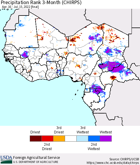 Western Africa Precipitation Rank since 1981, 3-Month (CHIRPS) Thematic Map For 4/16/2022 - 7/15/2022