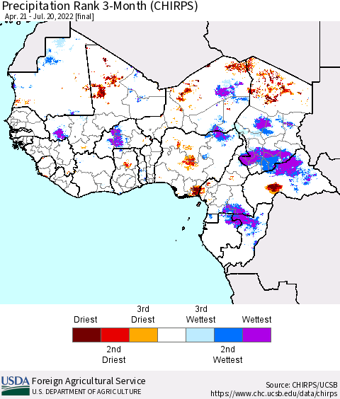 Western Africa Precipitation Rank since 1981, 3-Month (CHIRPS) Thematic Map For 4/21/2022 - 7/20/2022