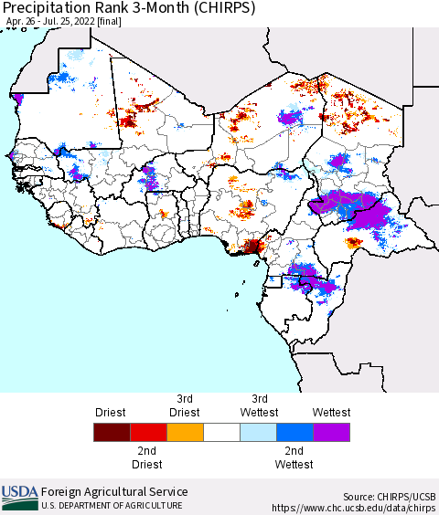 Western Africa Precipitation Rank since 1981, 3-Month (CHIRPS) Thematic Map For 4/26/2022 - 7/25/2022