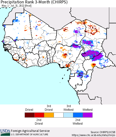 Western Africa Precipitation Rank since 1981, 3-Month (CHIRPS) Thematic Map For 5/1/2022 - 7/31/2022