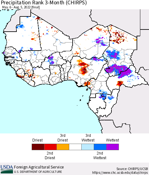 Western Africa Precipitation Rank since 1981, 3-Month (CHIRPS) Thematic Map For 5/6/2022 - 8/5/2022