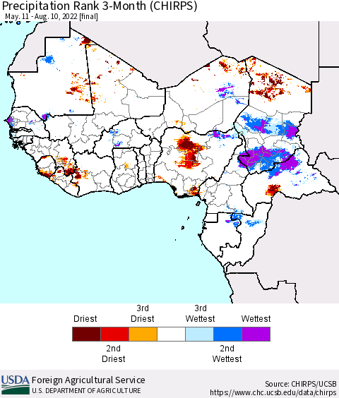 Western Africa Precipitation Rank since 1981, 3-Month (CHIRPS) Thematic Map For 5/11/2022 - 8/10/2022